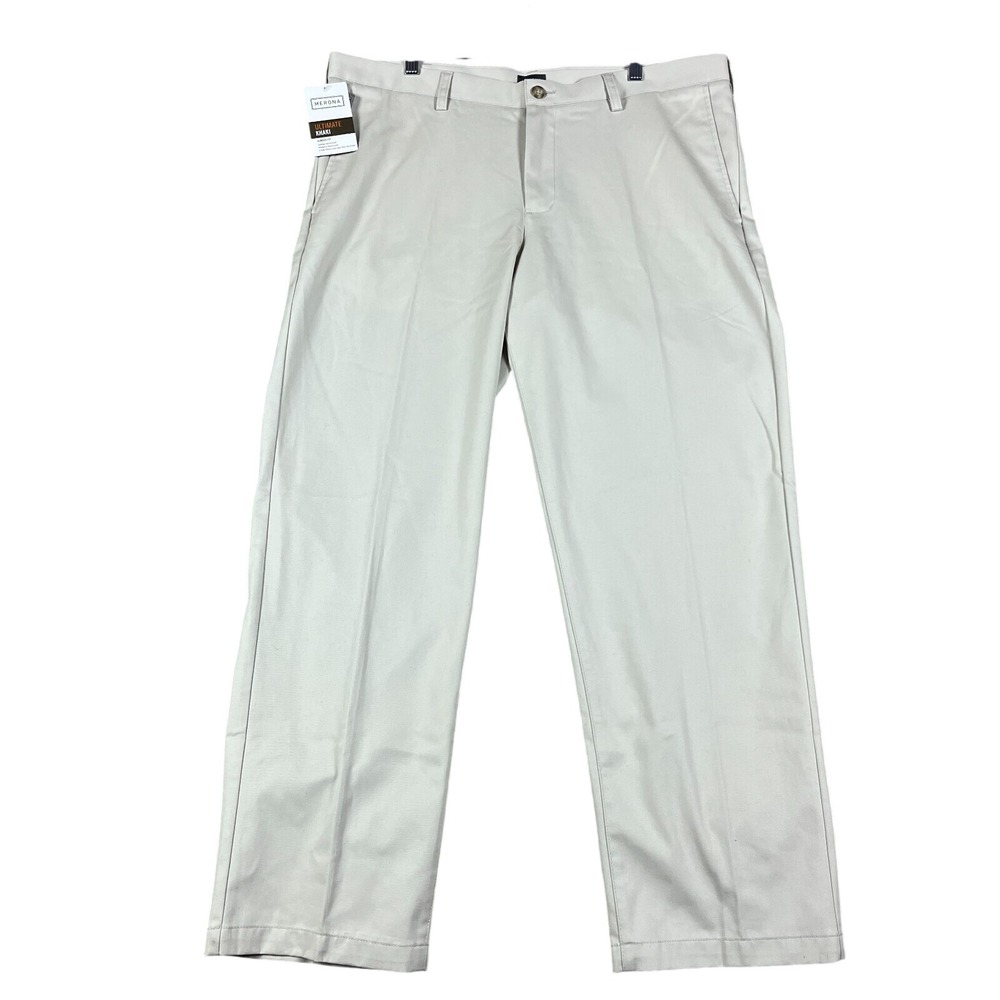 Merona Ultimate Khaki Pants Mens 40x32 Beige Flat‎ Front Classic Fit Casual NEW